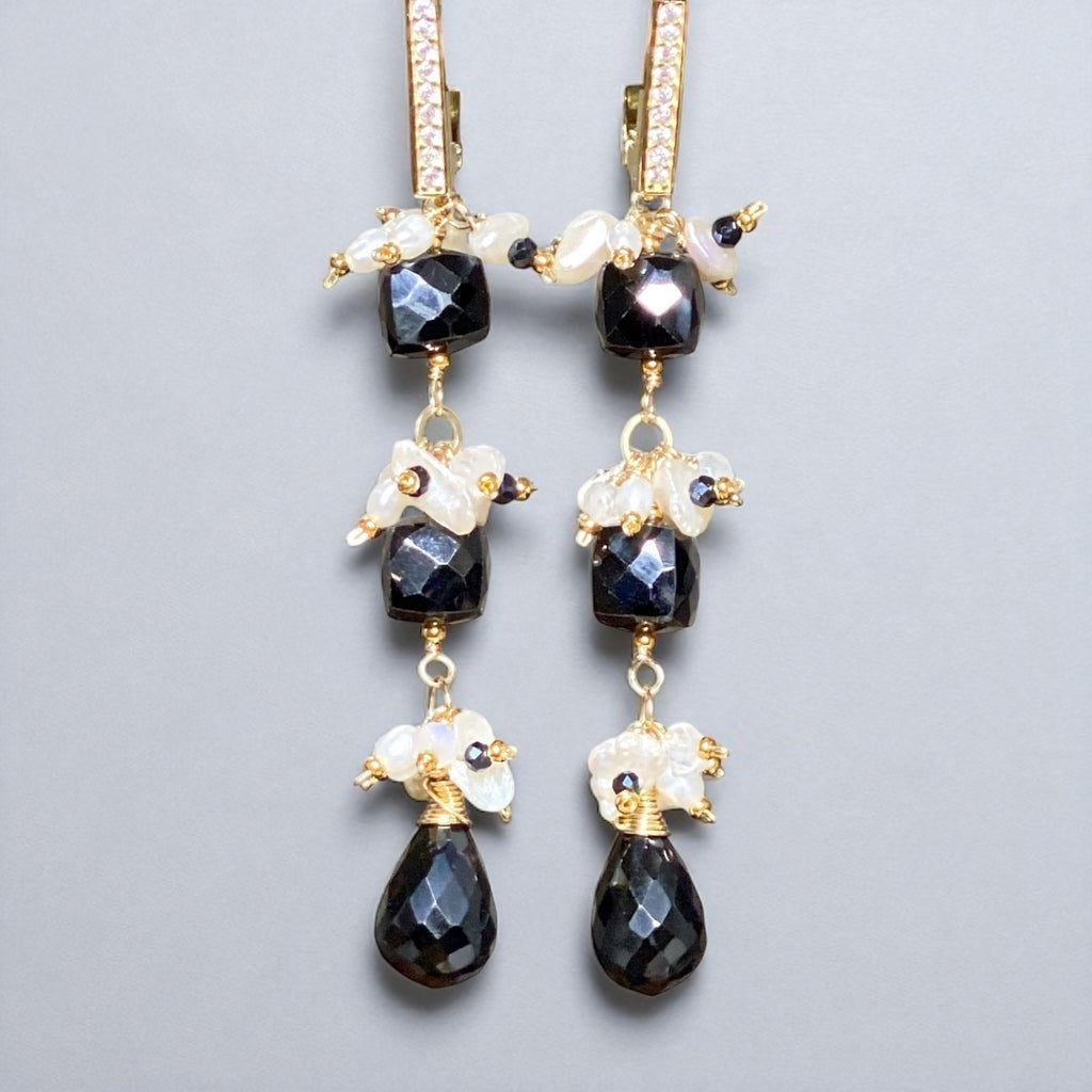 Black Spinel White Pearl Long Dangle Earrings