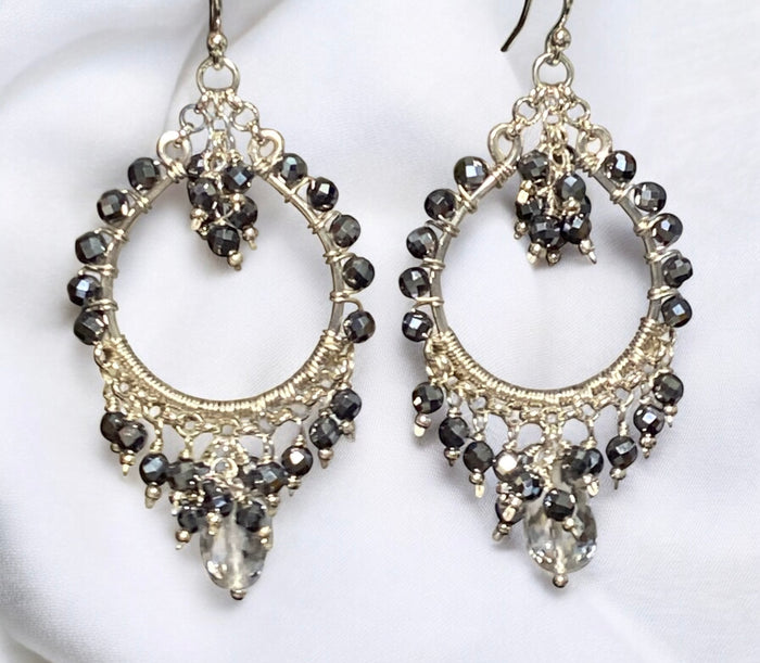 Black Gemstone Chandelier Hoop Earrings Sterling Silver
