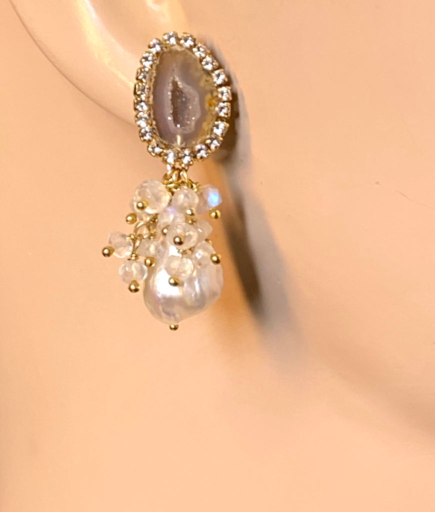 Golden Beige Tabasco Geode and Ivory White Baroque Pearl Earrings