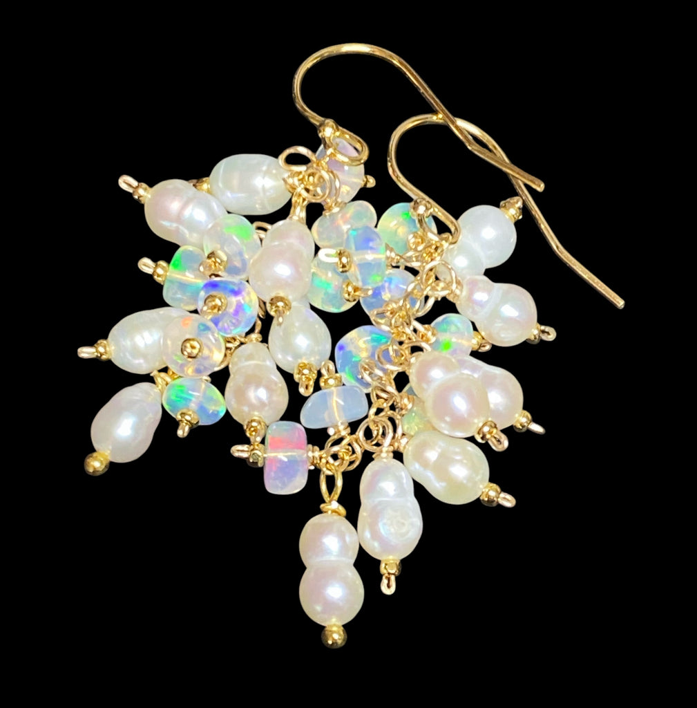 Pearl and White Ethiopian Opal Dangle Earrings Gold