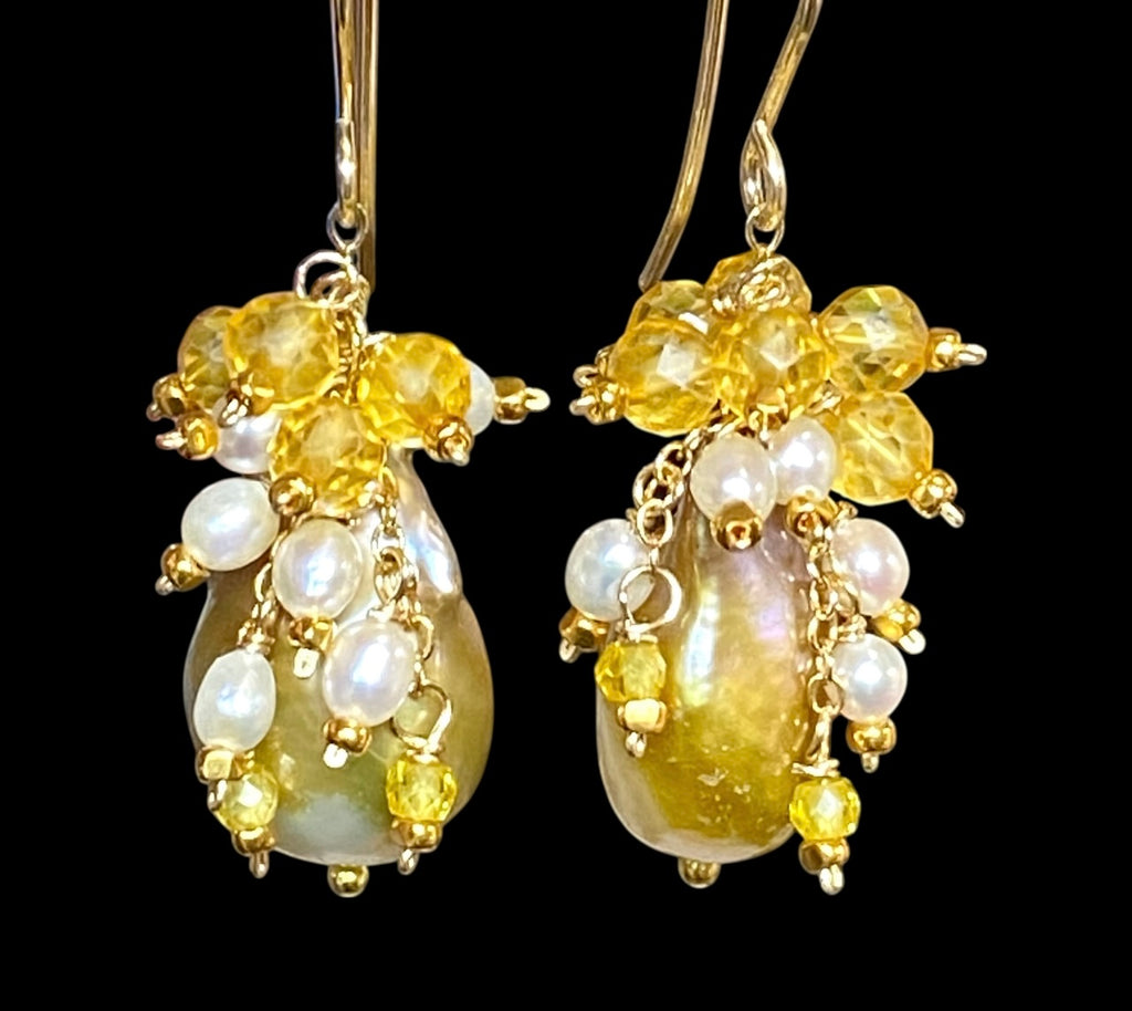 Citrine and Pond Slime Baroque Pearl Earrings Gold Fill