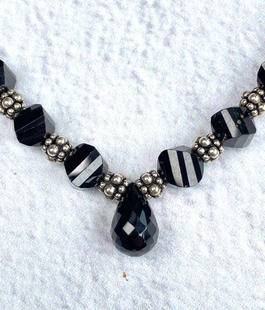 Black Spinel Pendant Necklace with Sterling Silver Bali Spacers