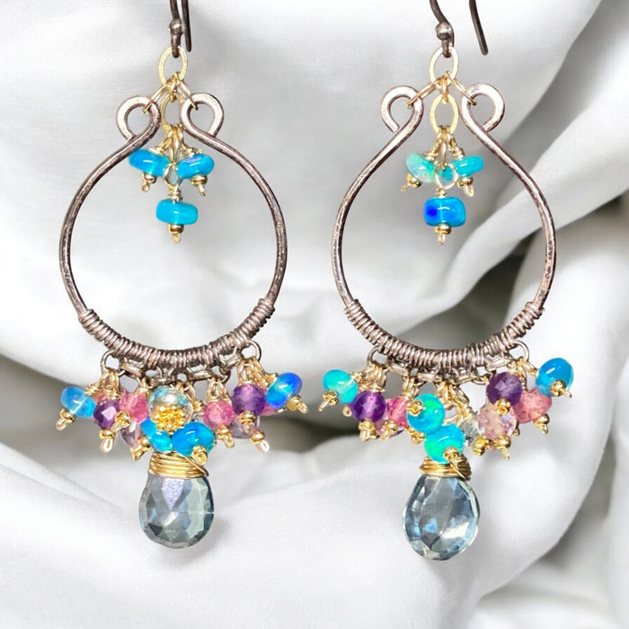 Oxidized Silver Hoop Chandelier Earrings, Aqua Opal, Pink Sapphire, Mixed Metals 1