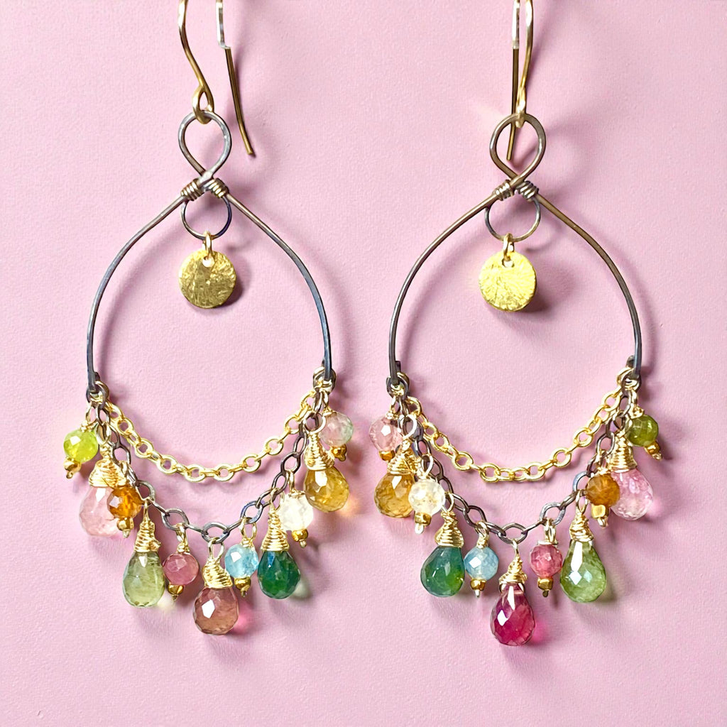 Tourmaline Gemstone Chandelier Earrings in Mixed Metals