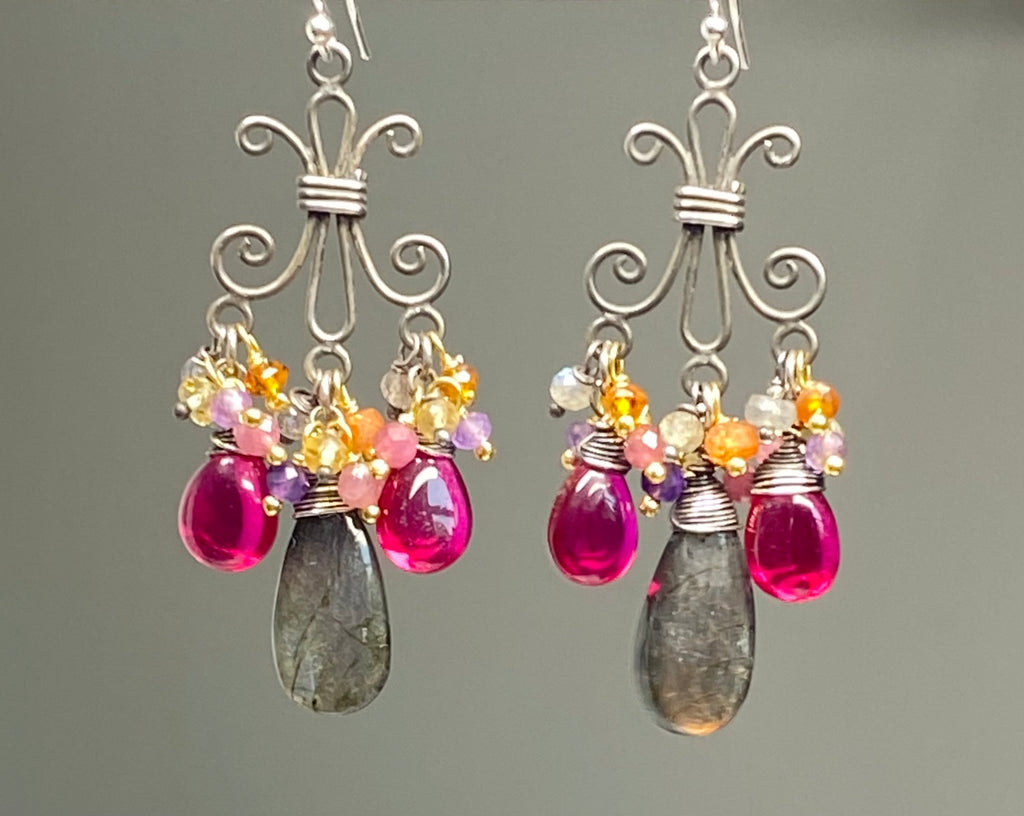 Purple Labradorite and Rubellite Chandelier Earrings in Mixed Metals