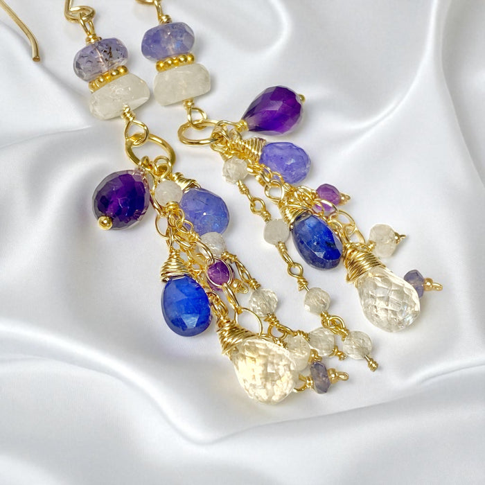 Blue Violet Gemstone Dangle Earrings - Amethyst, Tanzanite, Kyanite, Moonstone