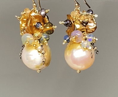 Pond Slime Gold White Pearl Earrings with Black Opals Golden Keishi Pearl Clusters