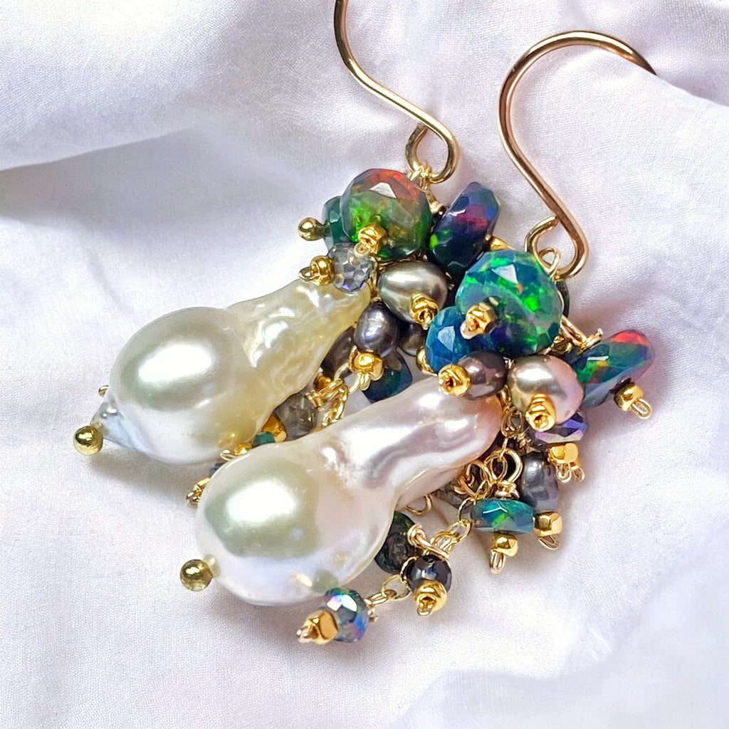 white baroque flameball pearls with cascading clusters of black Ethiopian opals and mystic topaz