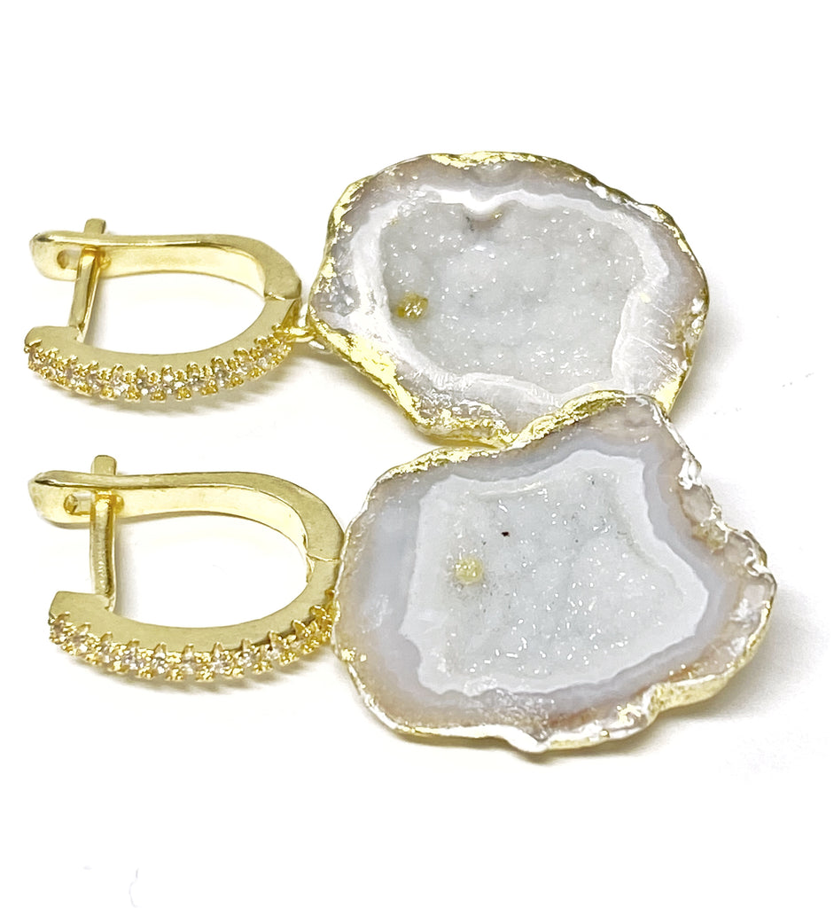 White Tabasco Geode 24 kt Gold Leaf Bridal Earrings with Long Dangling Chains