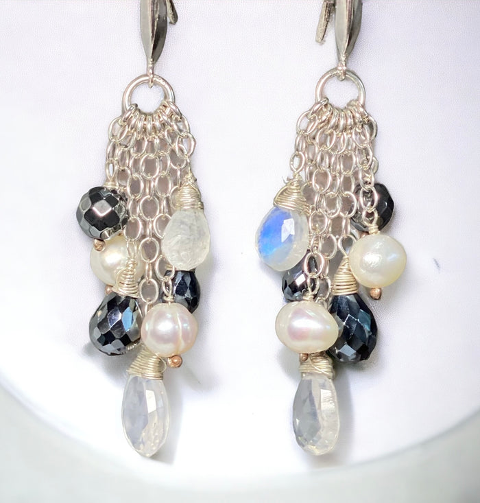 Black and White, Moonstone Black Spinel Dangle Earrings, Sterling SIlver