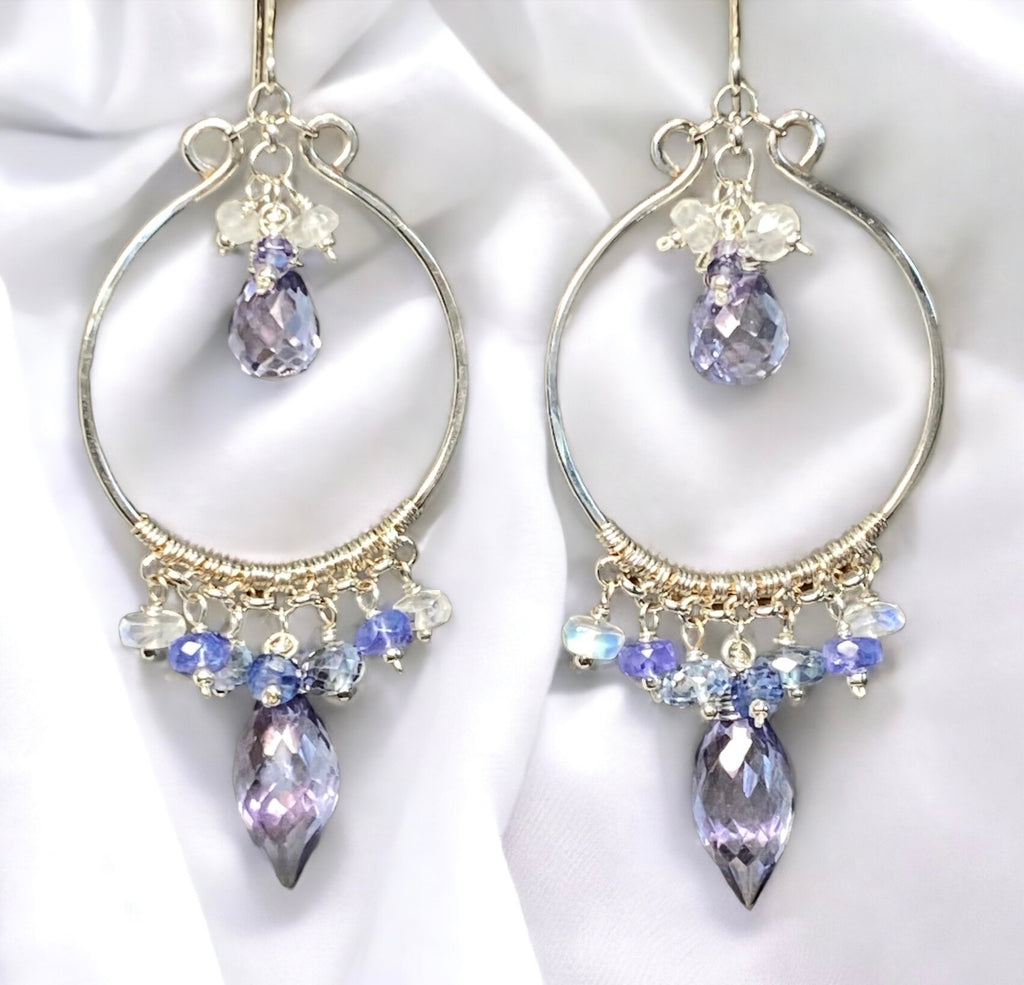 blue violet quartz and tanzanite sterling silver hoop chandelier earrings