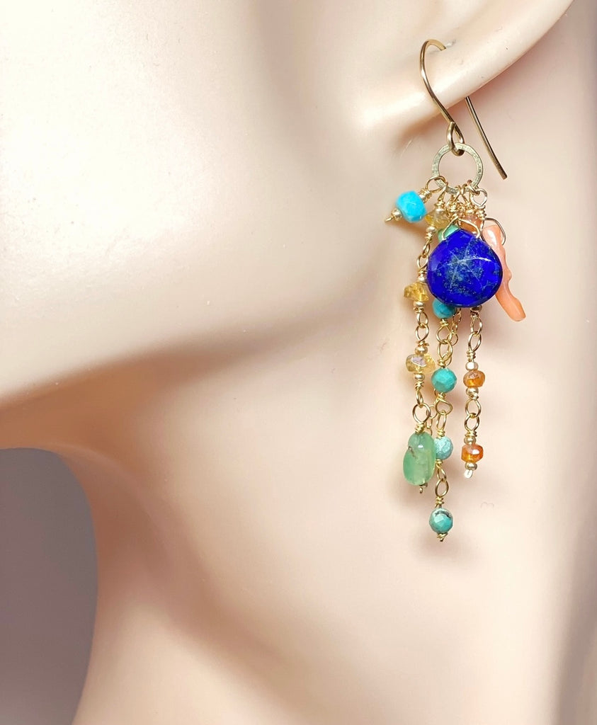 Blue Lapis Dangle Earrings Boho Style with Coral, Chrysoprase, Turquoise, Carnelian Gold Fill