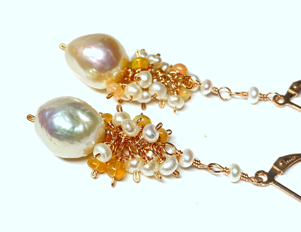 Blush Pearl Opal Cluster Long Earrings, Rose Gold, Sterling Silver, 14 kt Gold Fill