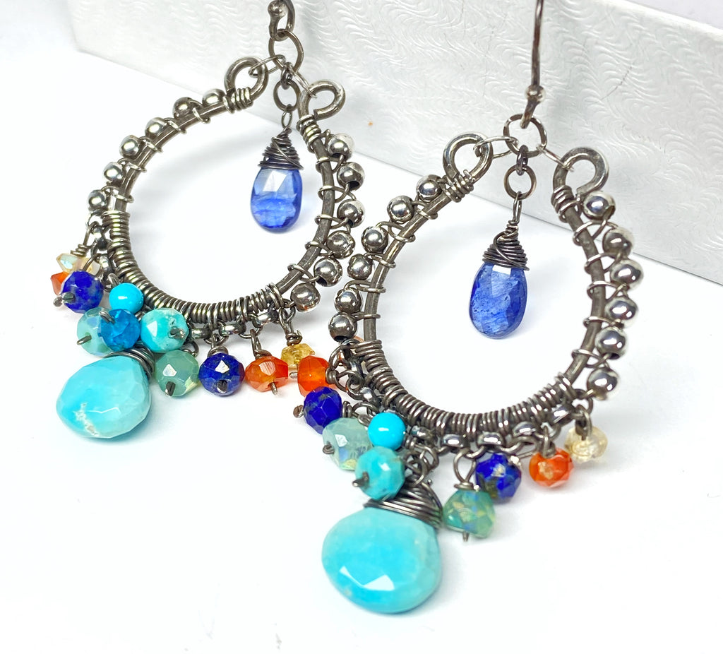 Sleeping Beauty Turquoise Chandelier Earrings, Multi Gemstone, Oxidized Sterling Silver, Handmade