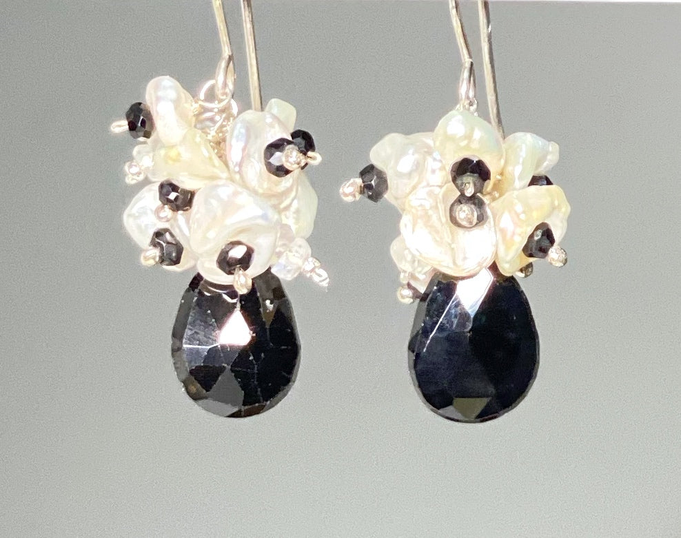 Black Spinel White Keishi Pearl Cluster Earrings