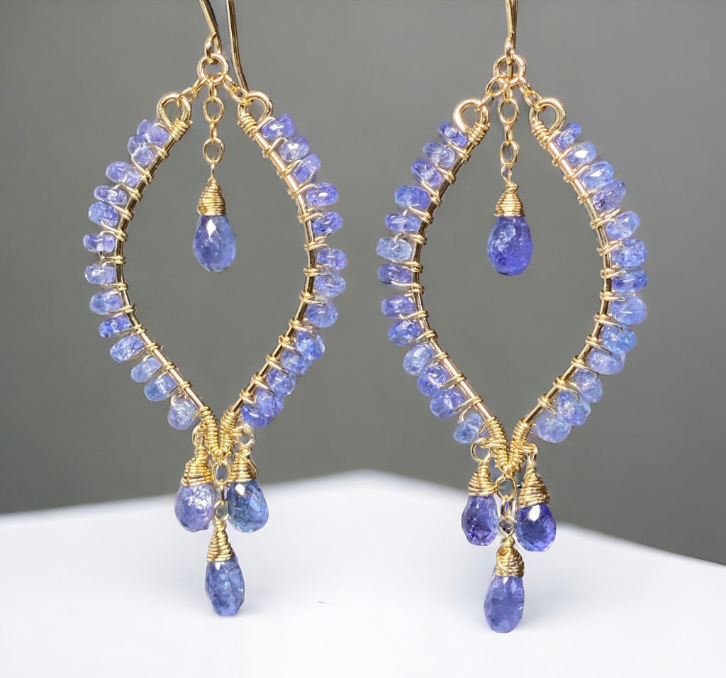 Handmade tanzanite gold fill chandelier hoop earrings, statement earrings