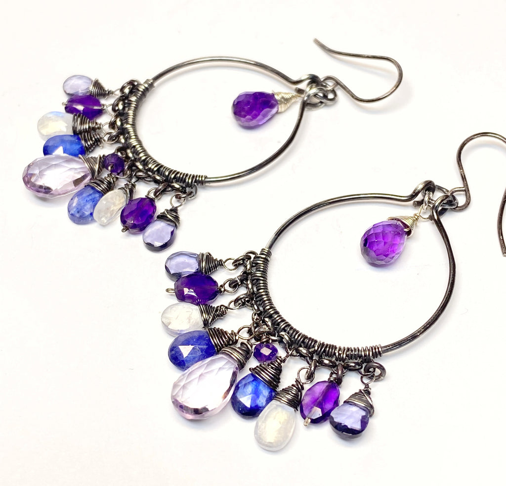 Blue Purple Gemstone Chandelier Hoop Earrings Oxidized Silver 2