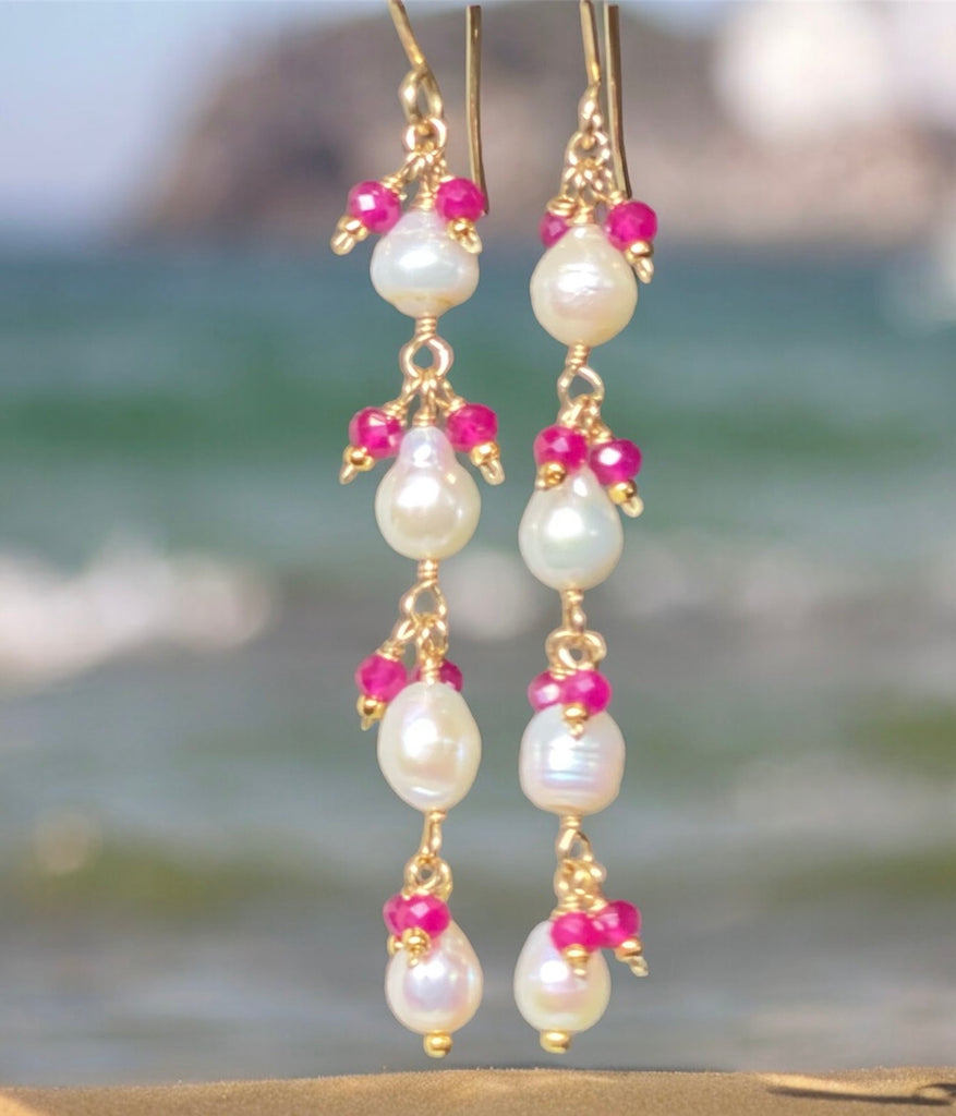 Ruby and Pearl Long Dainty Earrings Gold Fill