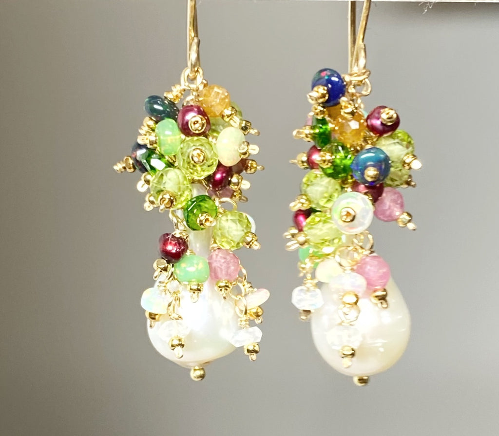 Opal Cluster Baroque Pearl Earrings Multi-color Gemstone 3