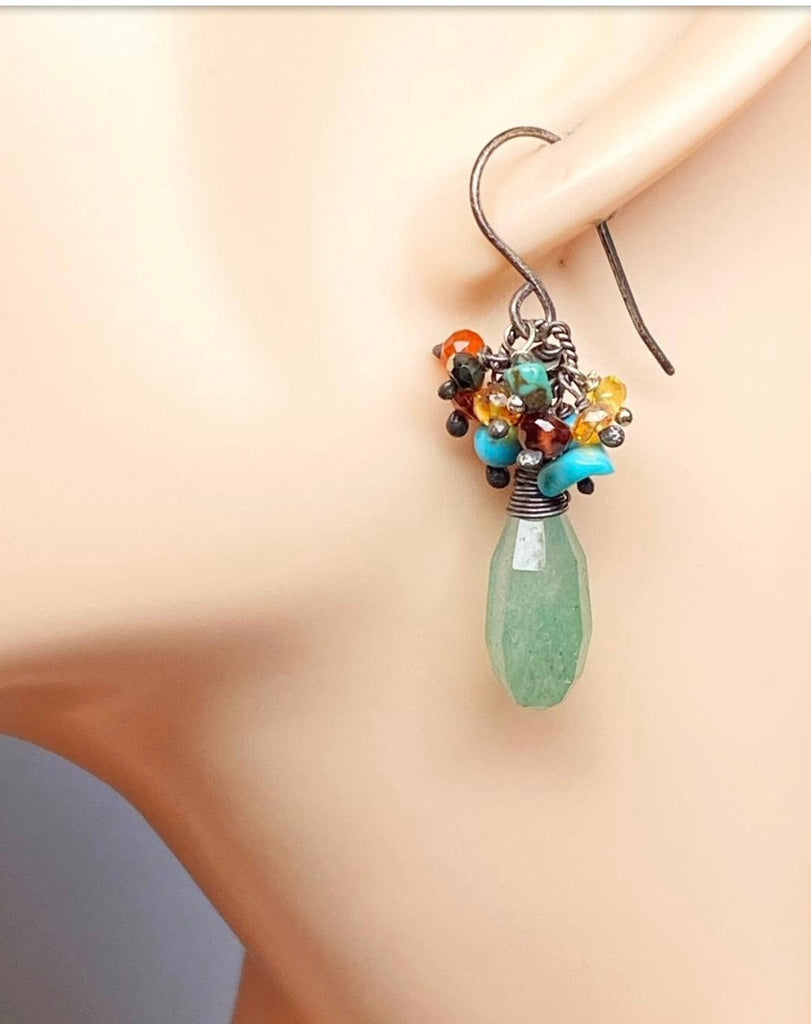 Green Aventurine Cluster Earrings with Fire Opal, Turquoise & Garnet