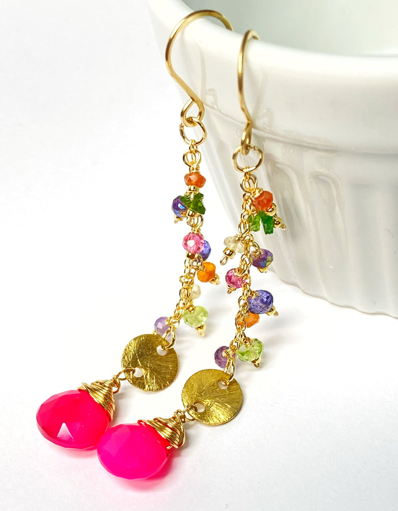 Hot Pink Chalcedony Long Gemstone Dangle Earrings Gold Fill