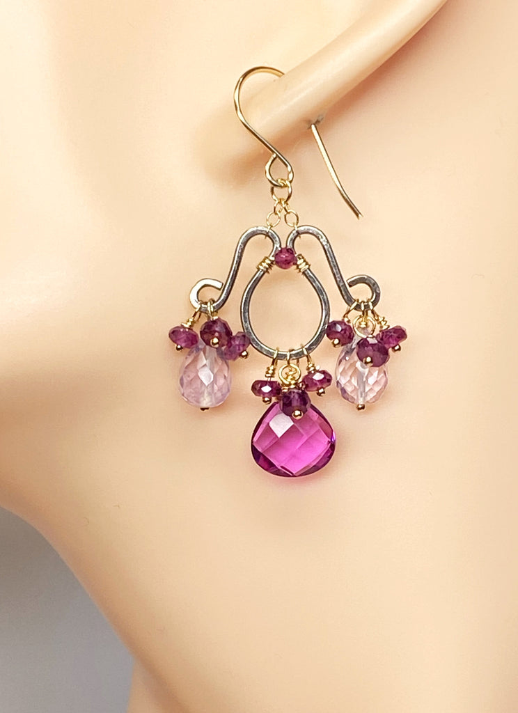 Mixed Metal Chandelier Earrings in Garnet, Pink Amethyst, Violet Quartz