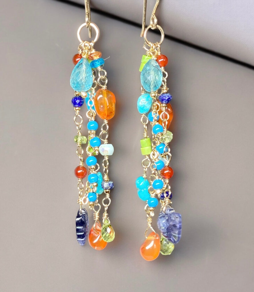 Multi Gemstone Dangle Earrings Blue, Green Turquoise, Carnelian, Peridot, Gold Filled