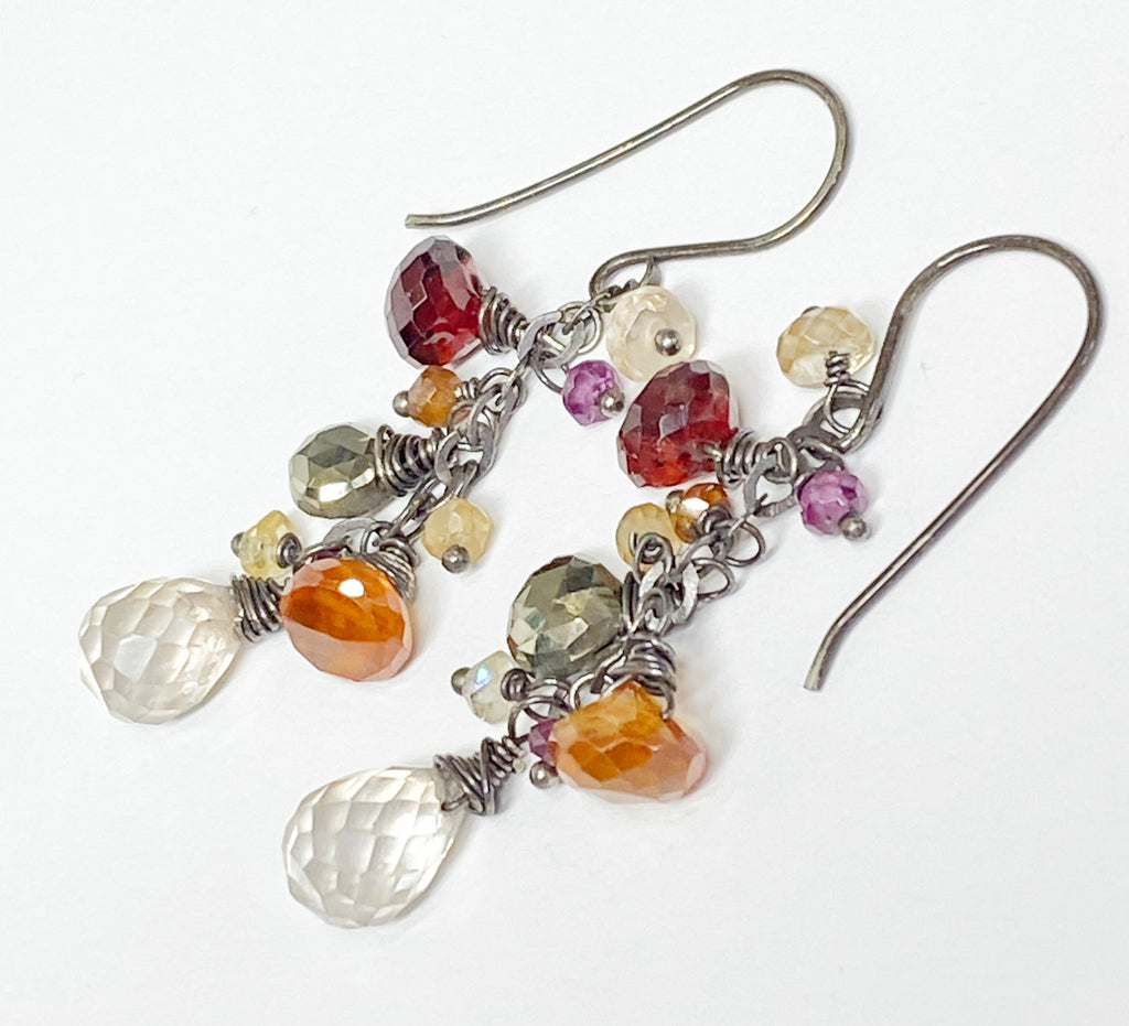 Garnet Oxidized Silver Multicolor Gem Dangle Earrings