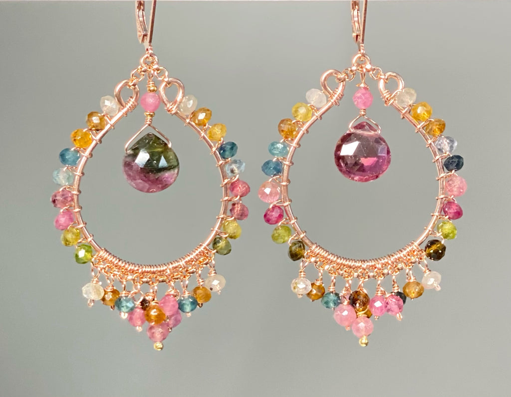 Tourmaline Rose Gold Hoop Chandelier Earrings