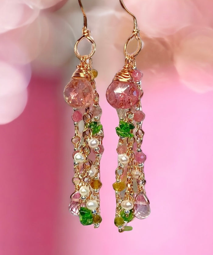 Pink Tourmaline Rose Gold Long Dangle Earrings — Pink Topaz, Pearl & Chrome Diopside