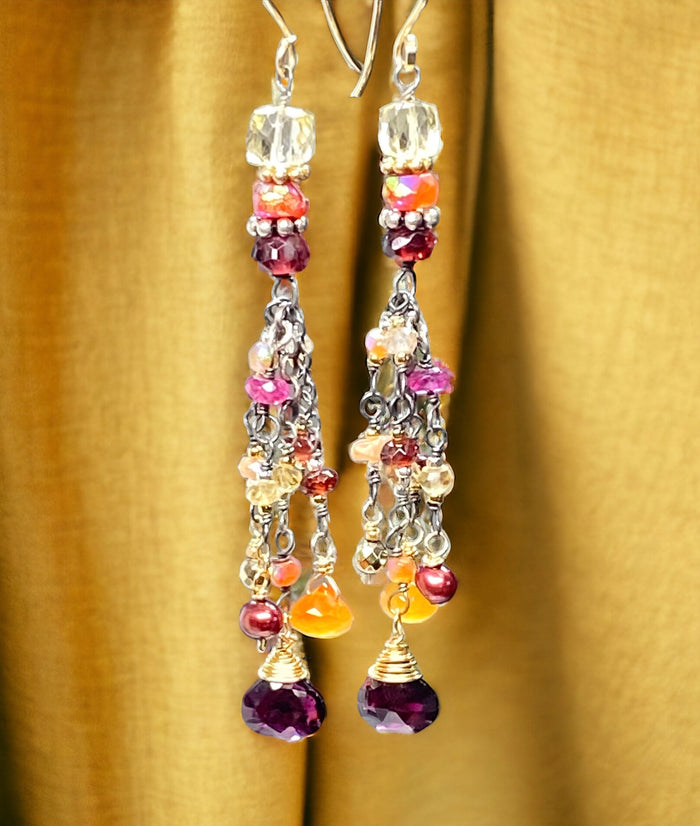 Multi Gemstone Gem Dangle Earrings, Boho Tassel Style, Red Garnet, Carnelian, Citrine, Mixed Metal