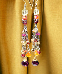 Multi Gemstone Earrings with Carnelian, Peach Moonstone, store Turquoise, and Bali Style Sterling Triangles