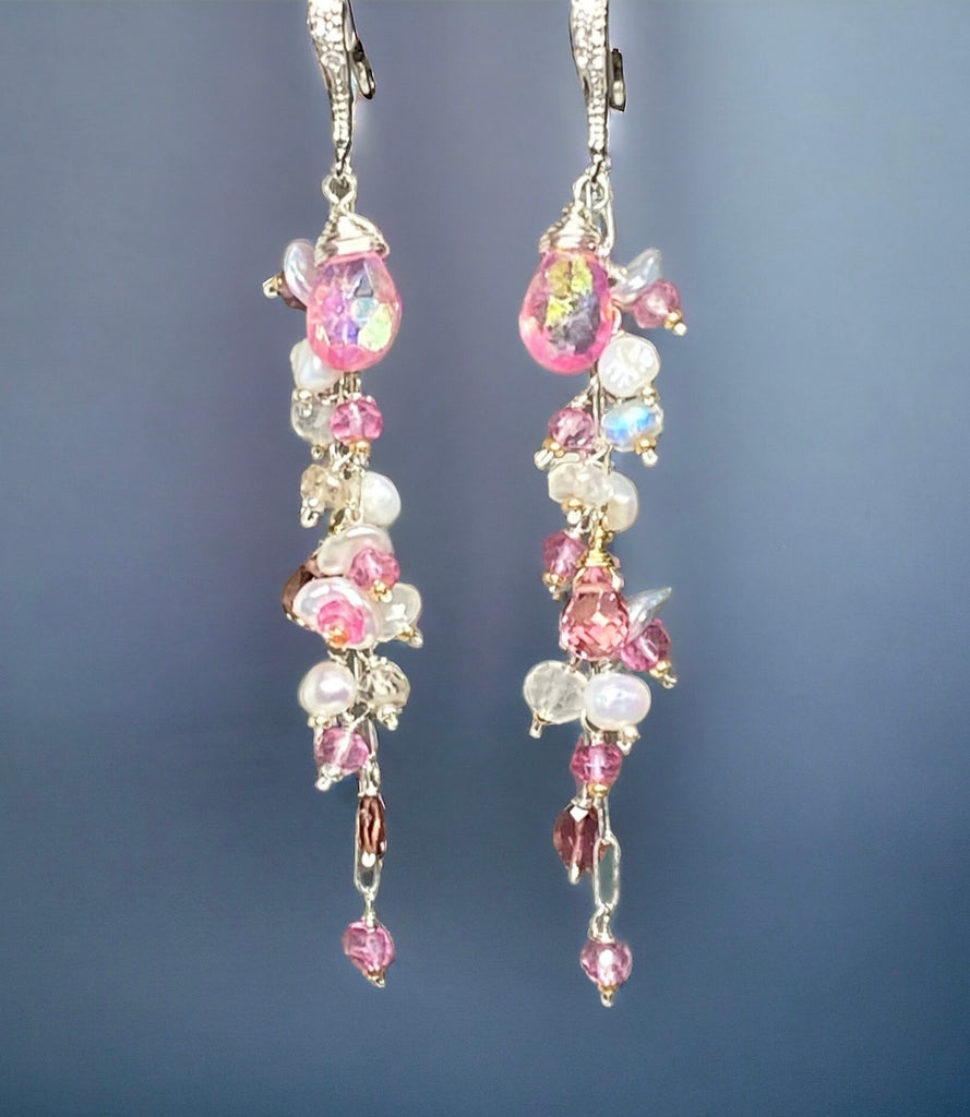 mystic pink topaz long dangle earrings sterling silver
