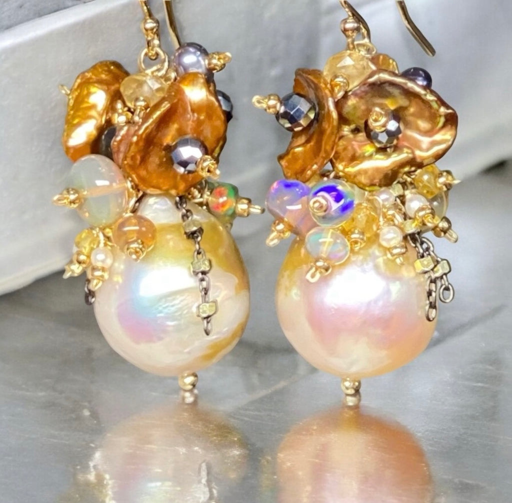 Pond Slime Gold White Pearl Earrings with Black Opals Golden Keishi Pearl Clusters