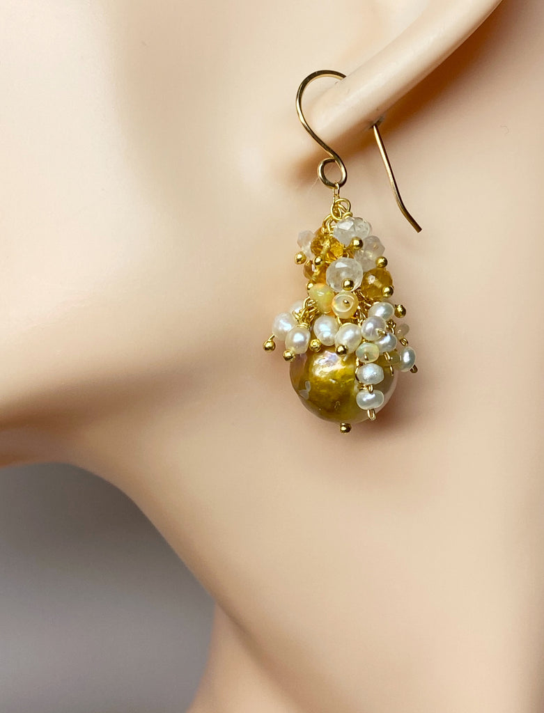 Baroque Pond Slime Pearl Cluster Earring with Citrine, Opal, Moonstone