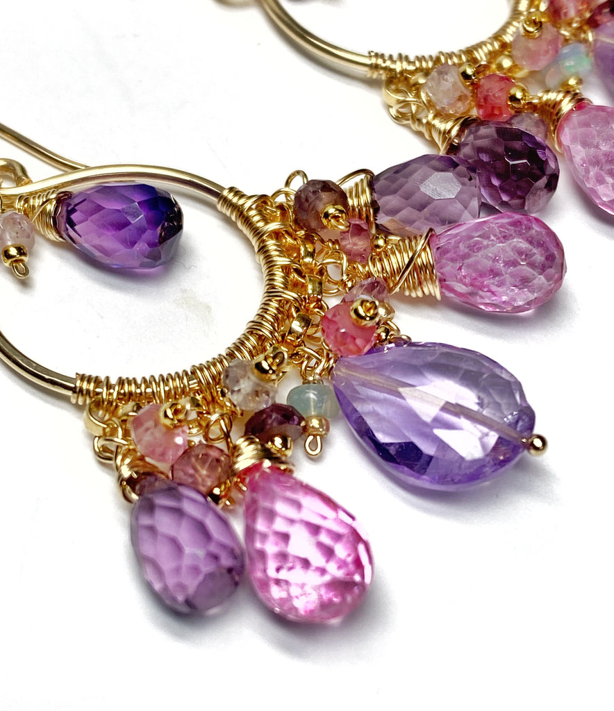 Gemstone Statement Chandelier Earrings in Pink, Lavender, Violet 2