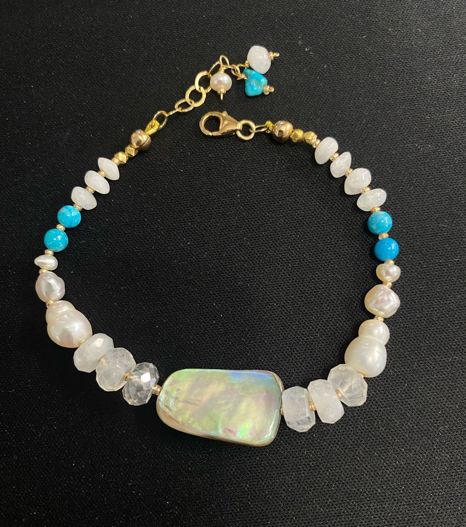 Abalone, Rainbow Moonstone, Turquoise, Pearl Silk Knotted Bracelet