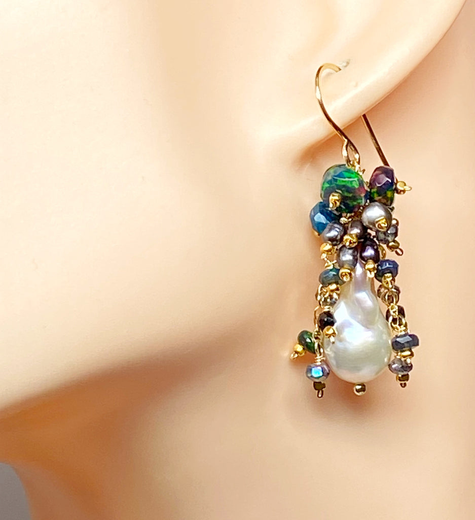 Baroque Pearl Earrings with Fiery Black Ethiopian Opals