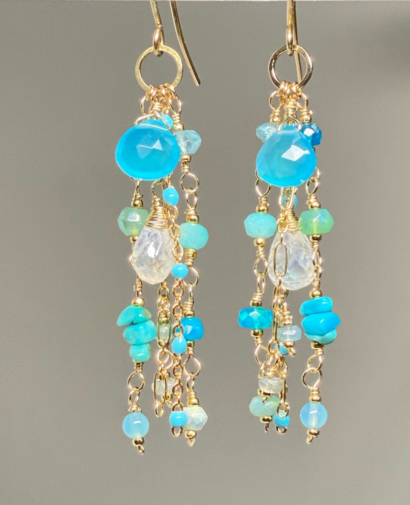 Blue, Aqua, Turquoise Gem Dangle Earrings, Gold Fill