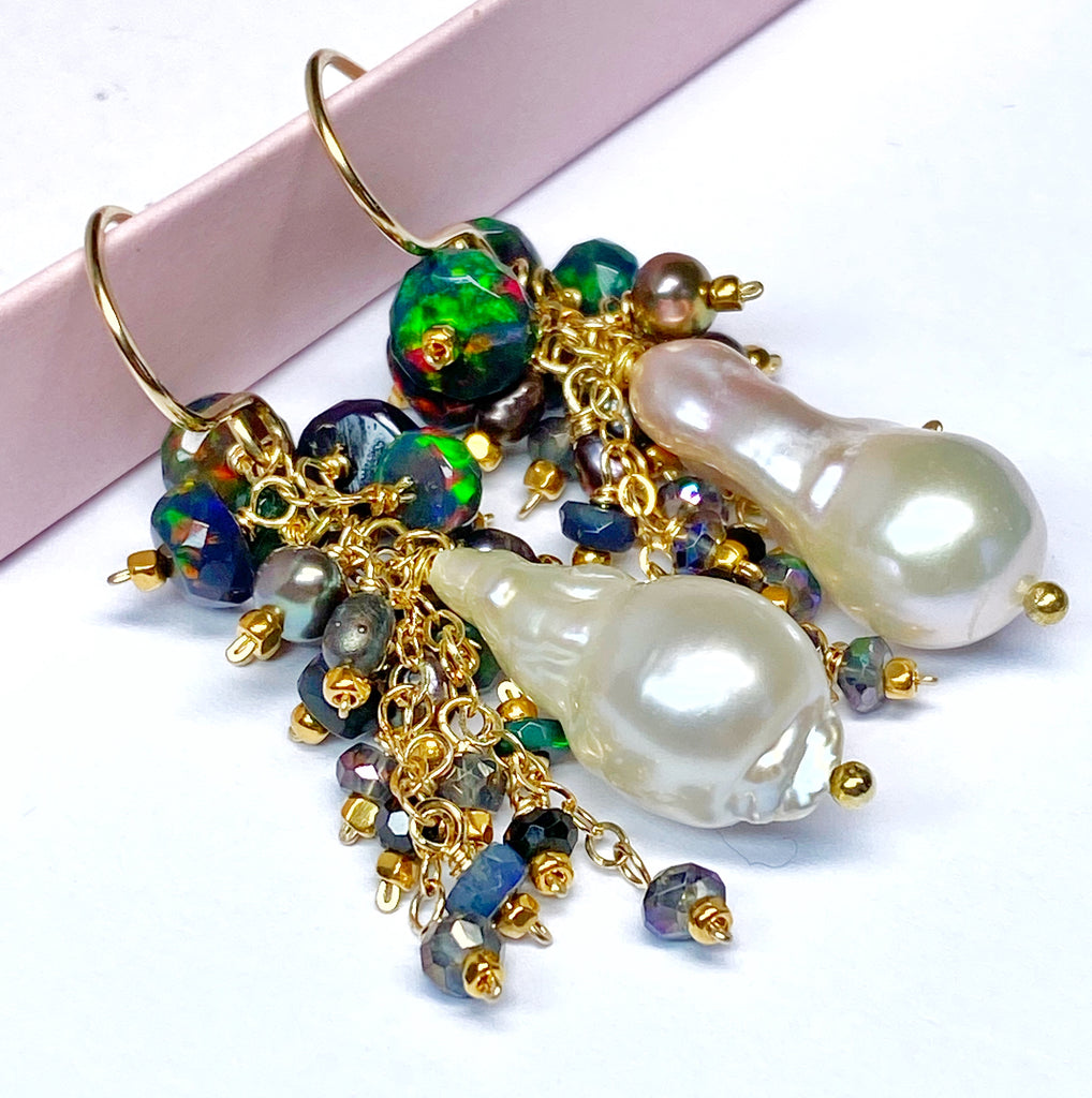 Baroque Pearl Earrings with Fiery Black Ethiopian Opals