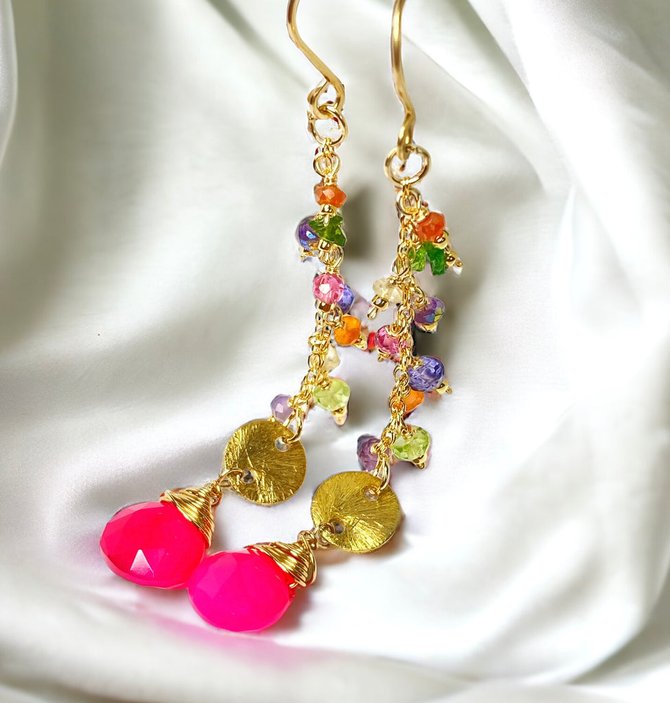 Hot Pink Chalcedony Long Gemstone Dangle Earrings Gold Fill