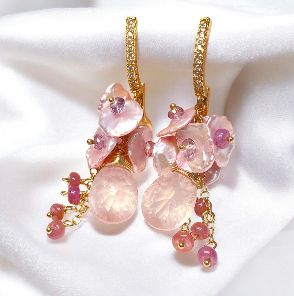 Rose Quartz Pink Keishi Pearl Cluster Earrings