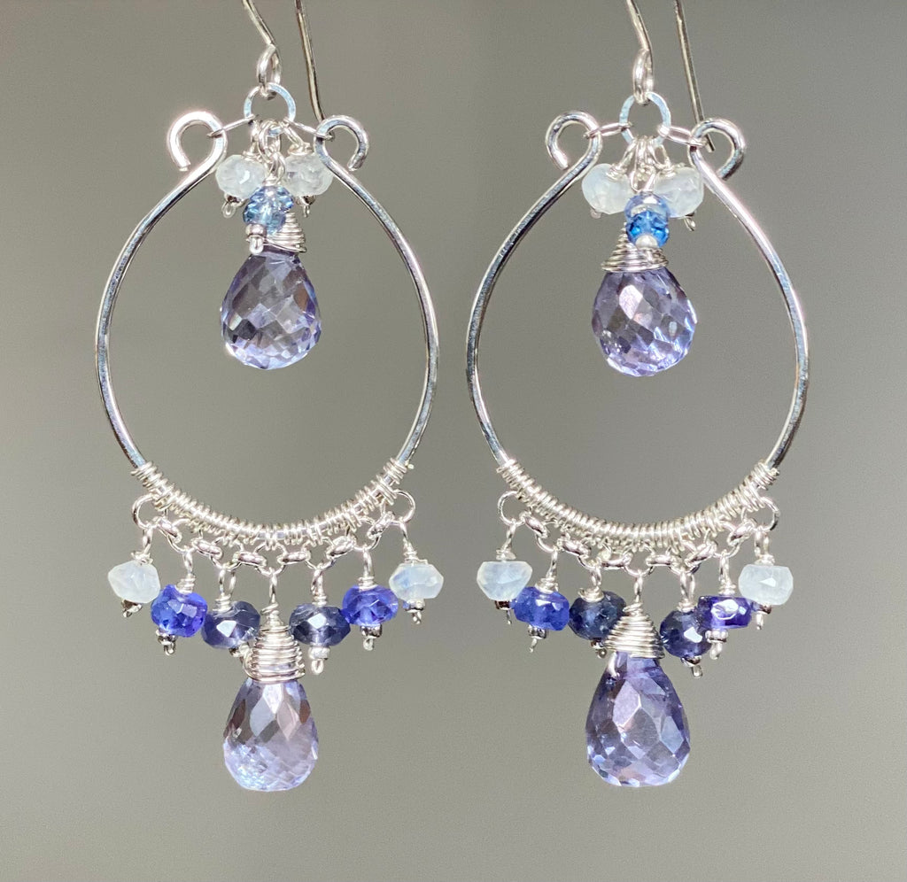 Blue violet gemstone chandelier earrings in sterling silver