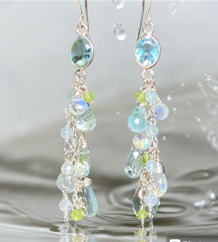 Blue Topaz, Peridot Long Gem Dangle Earrings Sterling Silver