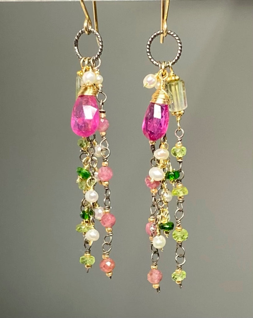 Pink Sapphire, Peridot and Tourmaline Gemstone Long Dangle Earrings