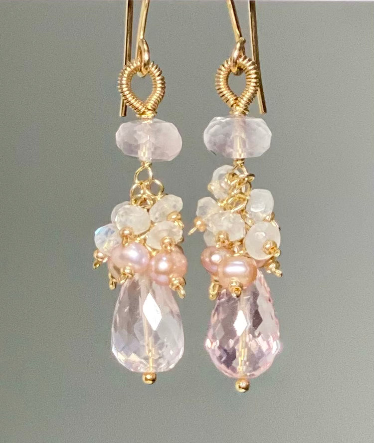 Pink Rose Quartz Briolette Pink Pearl Cluster Earrings Gold Fill