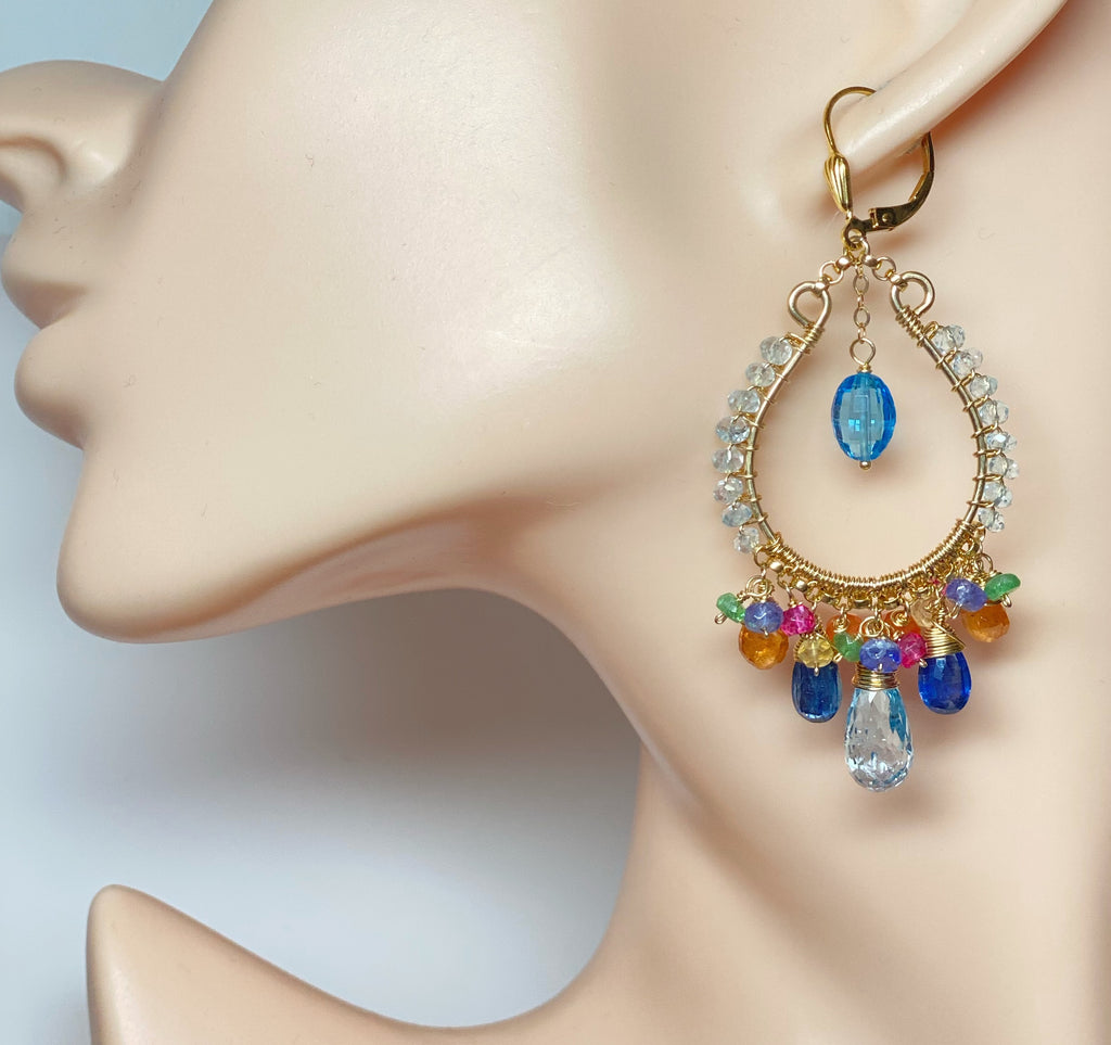 Handmade chandelier earrings with Swiss and Sky blue topaz gemstones and more colorful gemstones in gold fill
