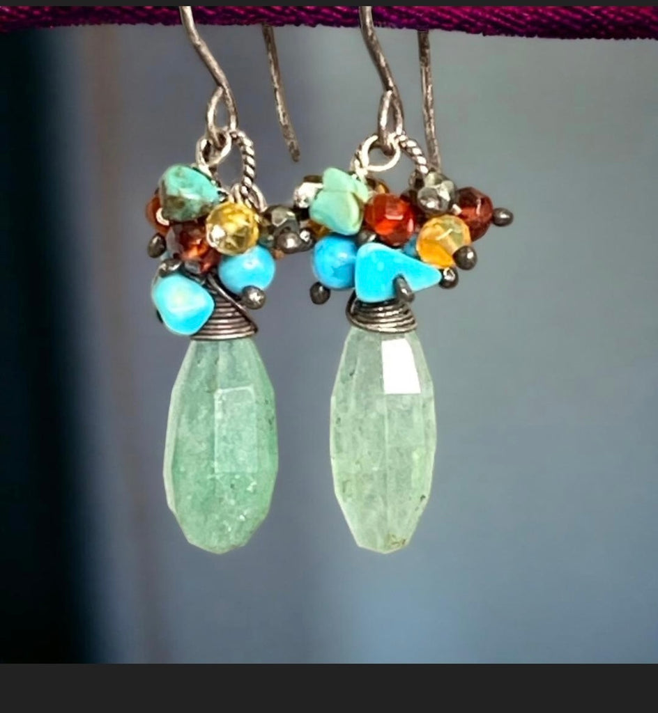 Green Aventurine Cluster Earrings with Fire Opal, Turquoise & Garnet