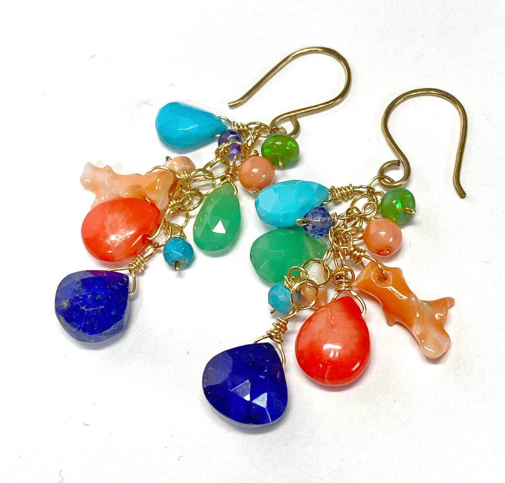 Multi Gemstone Gold Dangle Earrings Coral Blue Lapis Turquoise