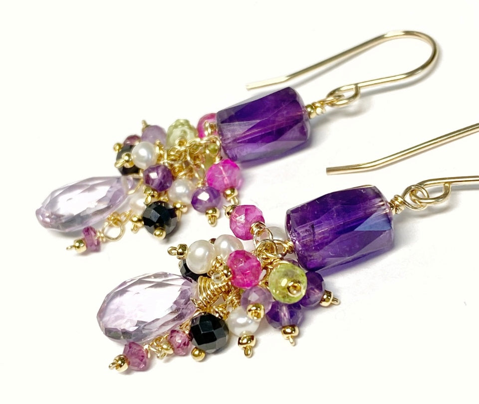 Amethyst Dangle Earrings, Multi Gemstone Cluster Earrings